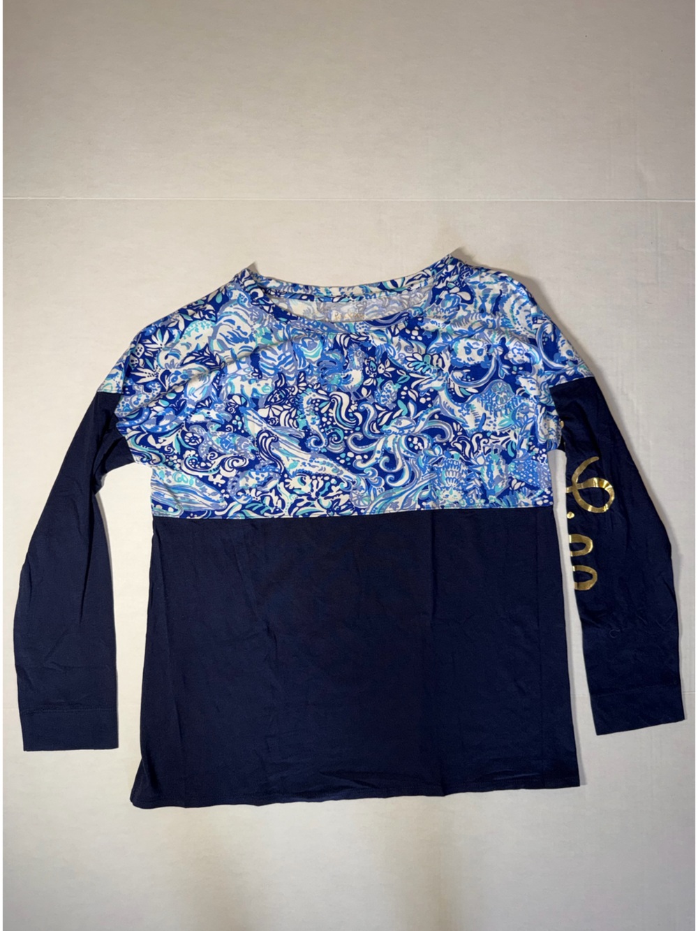 Lilly Pulitzer Navy Blue and Light Blue Paisley Blocked Long Sleeve Tee